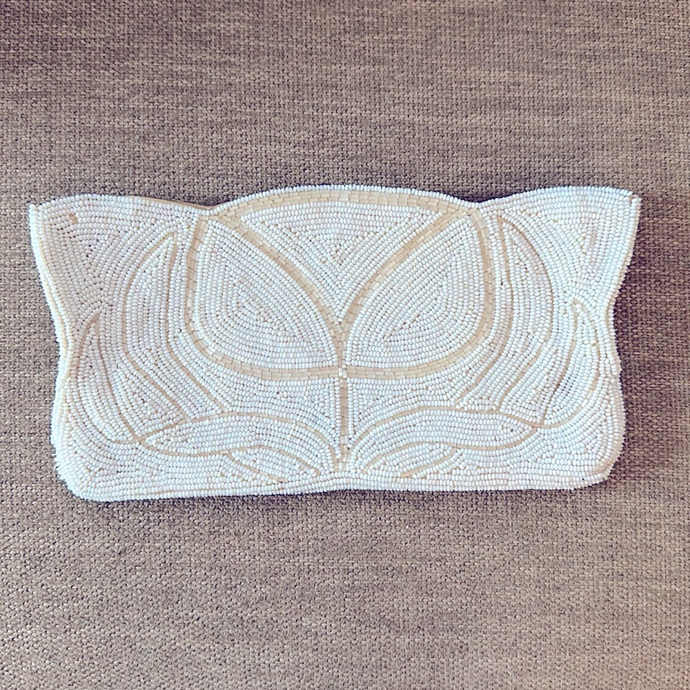 Vintage Beaded Tulip Clutch Purse Handheld Bag Cream Beads Vtg
